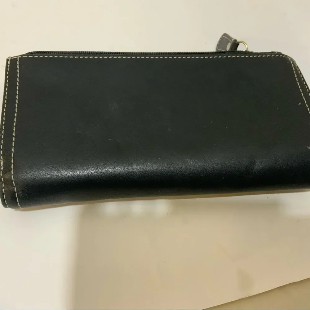 COACH Black Leather Trifold Wallet Clutch Button Snap 4”x8”